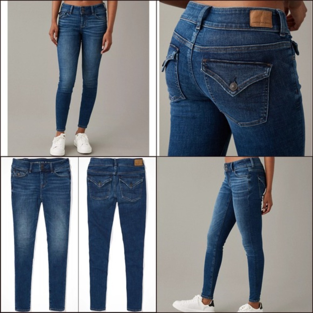 Y2K 00s 90s Low‎ Rise Jeggings Dark Blue Skinny Jeans 16 Flap Pockets Flattering - Picture 2 of 12